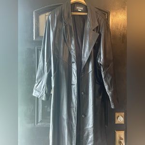 Maurices: black, long, leather coat. Size Medium